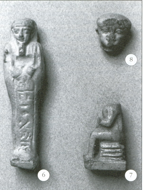 6) Sjabti of Hor-em-Akh-bit, faience (Late Period), 7) Isis figurine, faience (Late Period), 8) Head of Ptah-Patque, faience (Late Period).